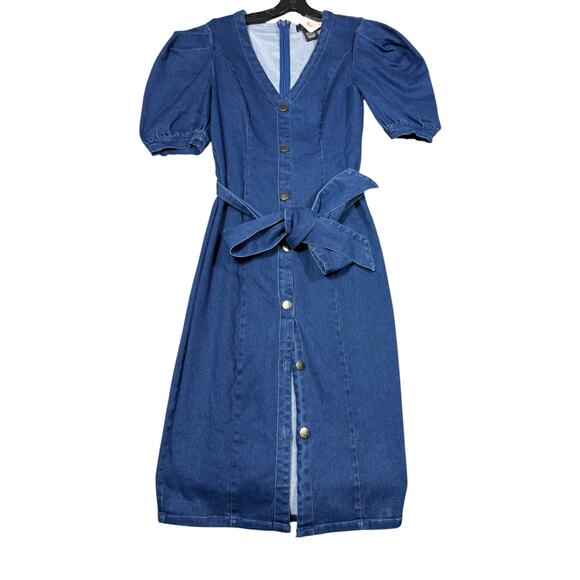 NEW- NWT Jealous Tomato Denim Puff Sleeve Button Dress Blue Medium - Picture 3 of 7